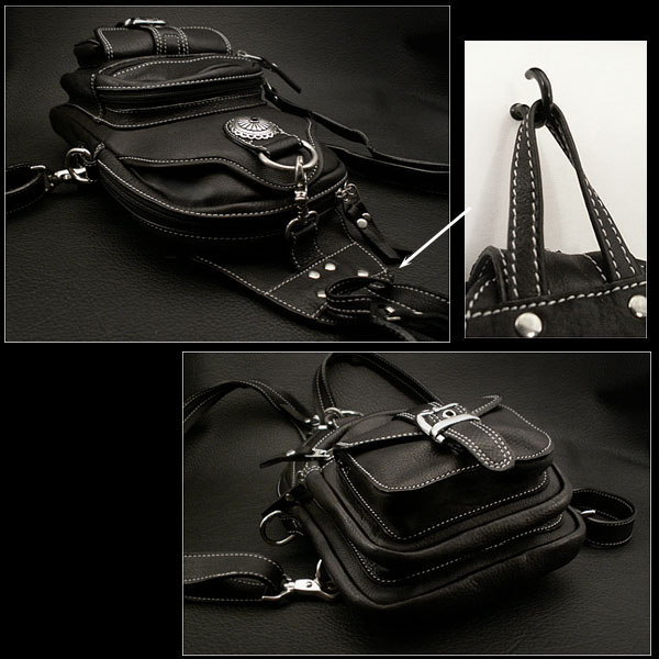 ワンショルダーバッグ ボディバッグ　斜めがけショルダーバッグ　レザー/本革 リュック　２WAY　ブラック Leather Backpack  Travel Shoulder Sling Chest Bag 2-WAY Black WILD HEARTS Leather&Silver (ID 