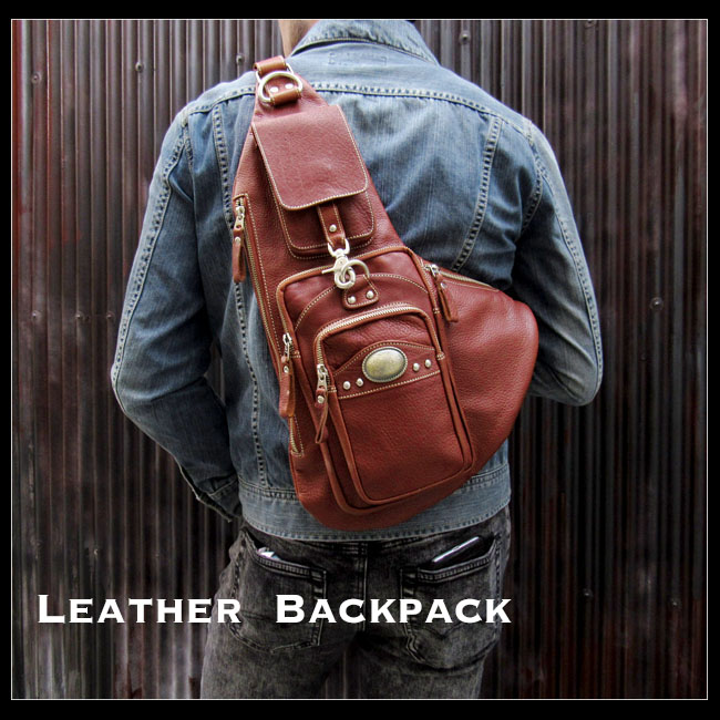 レザー ボディバッグ ワンショルダーバッグ ショルダーバッグ 本革 牛革 リュック 斜めがけバッグ ブラウン タン Genuine Leather Backpack Shoulder Sling Bag Brown Tan Id 2112t21