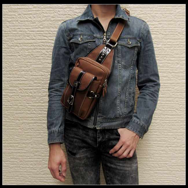 レザー 牛革　ボディバッグ　ワンショルダーバッグ　ショルダーバッグ　斜めがけバッグ　タン／茶色 Genuine Cowhide Leather  Backpack Shoulder Sling Travel Bag Tan WILD HEARTS Leather&Silver (ID ...
