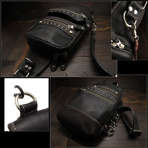 ボディバッグ　バックパック　ワンショルダーバッグ 　革/レザー　斜めがけバッグ　黒/ブラック Genuine Leather Backpack  Shoulder Sling Bag Purse School Bag Black WILD HEARTS Leather&Silver (ID 