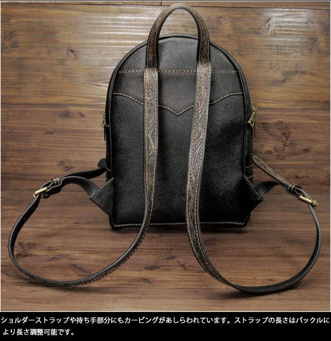 メンズ レディース バックパック ボディバッグ リュック 大容量 本革 カービング レザー ハンドメイド ブラック 黒Hand carved  Leather Travel Backpack WILD HEARTS Leather&Silver (ID bb4488b8)