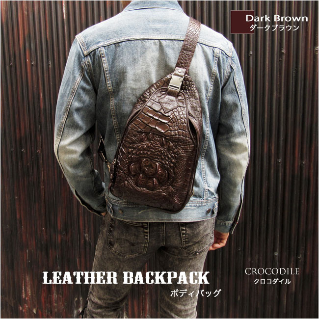 クロコダイル ワニ革 本革 斜めがけ ボディバッグ ショルダー バッグ ワイルド バイカー ダークブラウン/ブラック メンズ 縦型 大容量  Crocodile Skin Leather Backpack WILD HEARTS Leather&Silver(ID bb4572b25)