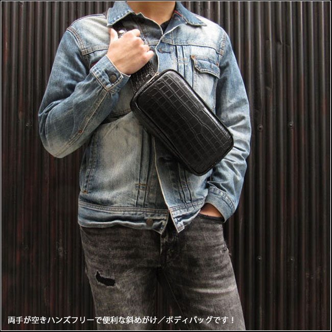 クロコダイル 本革 斜めがけ バッグ ボディバッグ ワニ革 バッグ メンズ ブラック Crocodile Skin Leather Backpack  Shoulder Sling Bag Black WILD HEARTS Leather&Silver (ID bb321b22) za005