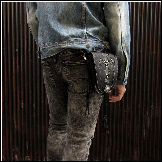 バイカー ファッション ベルトポーチ メディスンバッグ メンズ/レディース レザーバッグ ウエストバッグ Genuine Leather Biker  Belt Pouch WILD HEARTS leather&silver(ID wp1475b29)