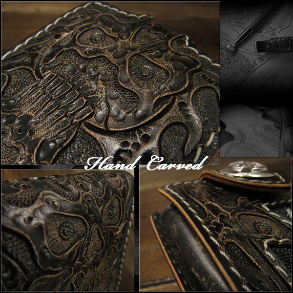 hand,skull,carved,bifold,wallet,stingray,handmade