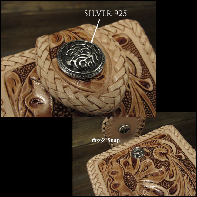 メンズ　カービング　財布　レザーウォレット　本革　二つ折り革財布 　ナチュラル Genuine Leather Hand Tooled Carved  Bifold Wallet　WILD HEARTS Leather & Silver (ID sw1803)