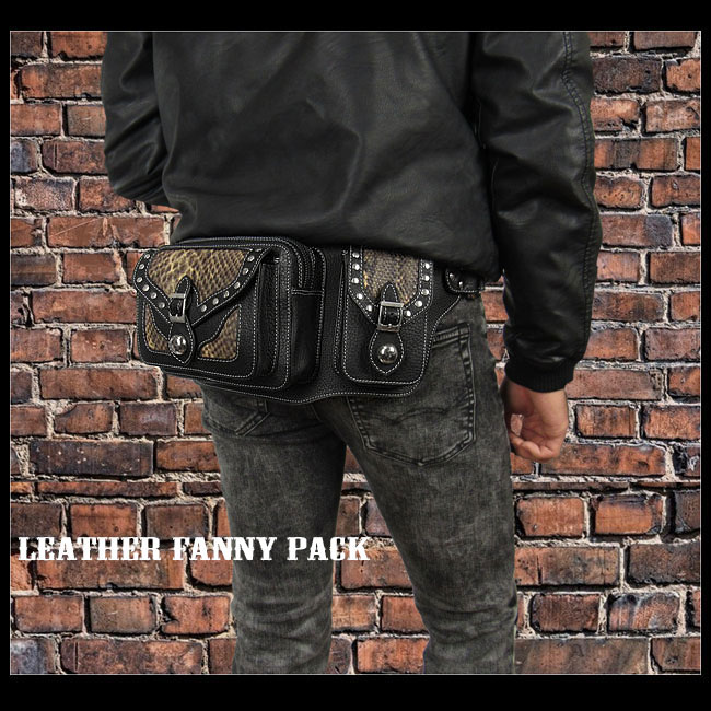 ウエストバッグ　ヒップバッグ　レザー 牛革　パイソン／スネーク柄 　ブラック Unisex Fanny Pack Waist Bag Hip Bag  Pack Pouch Python pattern WILD HEARTS Leather&Silver(ID wb2307r87)