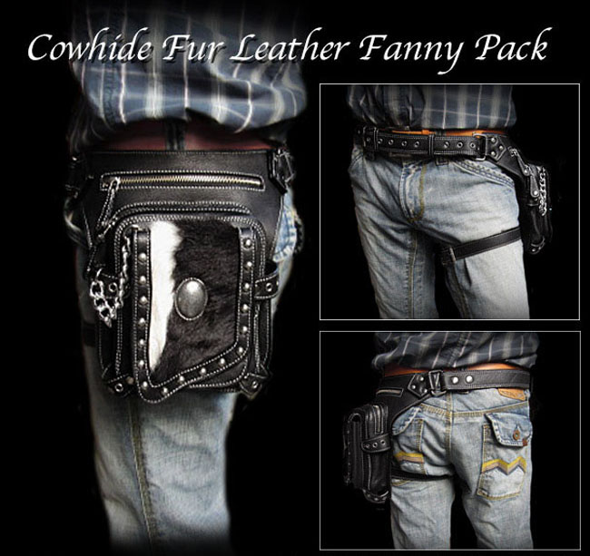 レザーウエストバッグ ヒップバッグ ファニーパック バイカーツーリング用バッグ 牛革 本革 ハラコ 牛毛皮 レッグベルト付き レッグポーチ Men's  Genuine Leather Biker Fanny Pack Waist Bag Cowhide Concho WILD HEARTS 