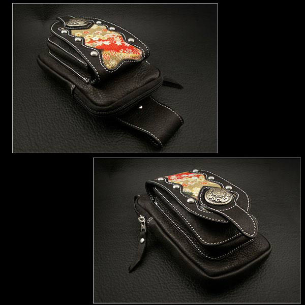 ベルトポーチ ミニ ウエストポーチ スマホケース たばこ／アイコスケース 本革 和柄 Leather belt pouch iPhone