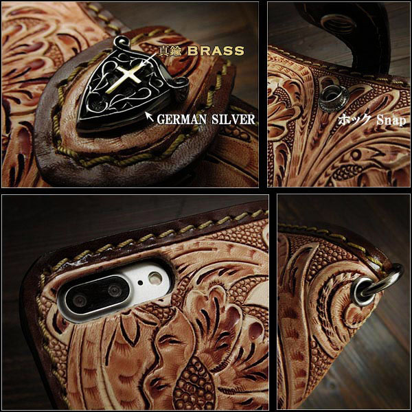 iPhoneケース スマホケース 手帳型 レザーケース カービング ハンドメイド サドルレザー コンチョ付き Genuine Leather  Folder Protective Case Cover For iPhone WILD HEARTS Leather&Silver(ID  ip3516d6)