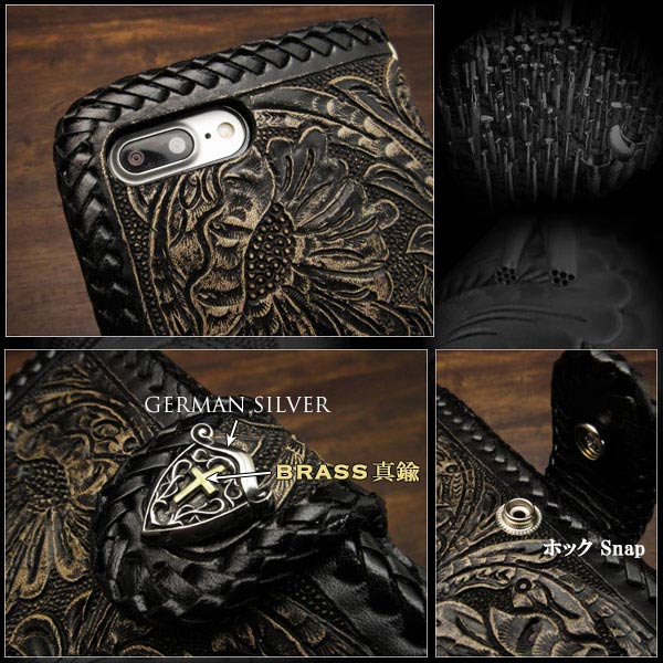 本革 iphoneケース 手帳型　カバー　スマホケース　レザーケース アイフォンケース カービング　ハンドメイド　サドルレザー　ブラック/黒　　 Genuine Leather Folder Protective Case Cover Black(ID ip3058)
