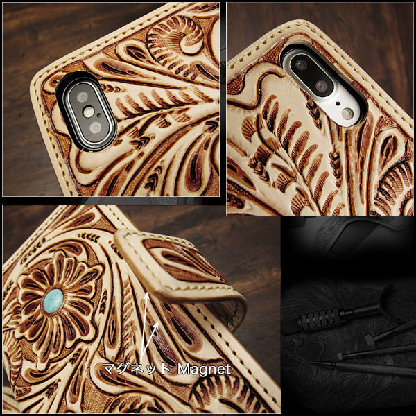 iPhoneケース スマホケース 手帳型 レザーケース ハンドメイド 本革 タン ナチュラル ターコイズ マグネット Genuine Leather  iPhone Flip Case Wallet Cover WILD HEARTS Leather&Silver (ID ip2818r93)