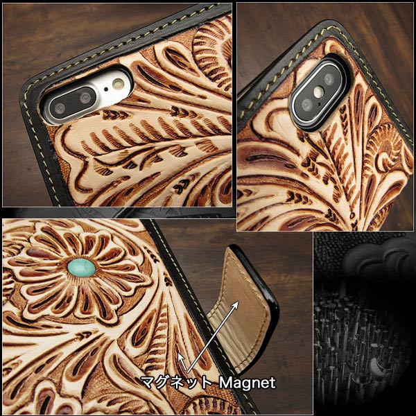 iPhoneケース スマホケース 手帳型 レザーケース ターコイズ サドルレザー マグネット Genuine Leather iPhone Flip  Case Wallet Cover WILD HEARTS Leather&Silver(ID ip3068)