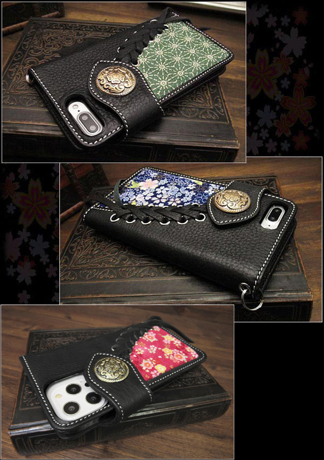 iPhone手帳型ケース スマホケース 和柄 友禅柄 コンチョ付き ちりめん友禅 和風 Leather Protective Case Cover  for iPhone Japanese Pattern YUZEN WILD HEARTS Leather&Silver(ID sc3671t28)