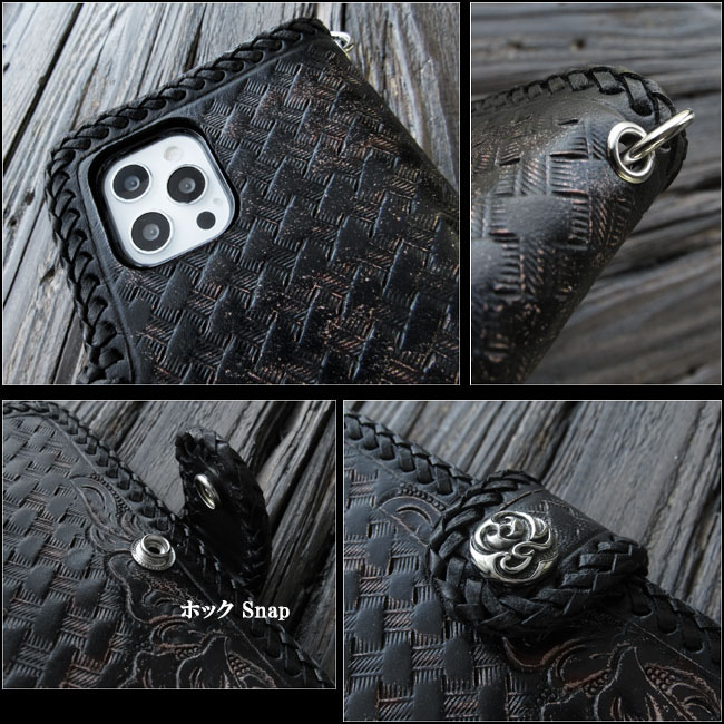 iPhoneケース スマホケース 手帳型 本革 レザーケース カービング ハンドメイド サドルレザー ブラック/黒 コンチョ付き Genuine  Leather Folder Protective Case Cover For iPhone Black(ID ip4302)
