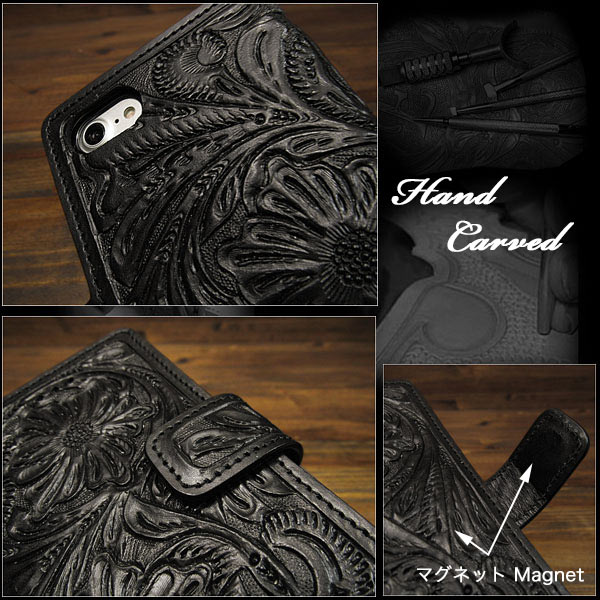 iPhoneケース スマホケース 手帳型 レザーケース カービング ハンドメイド 本革 ブラック 黒 マグネット Leather iPhone  Flip Case Wallet Cover Black WILD HEARTS Leather&Silver (ID ip3745)