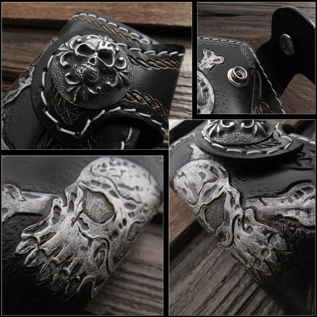 skull&crossbones,hand,carved,genuine,leather,key,chain,holder,key,case,wallet