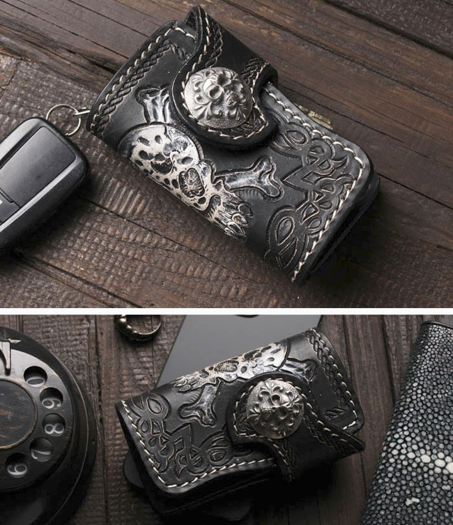 レザー 本革 キーケース キーホルダー カービング ドクロ スカル