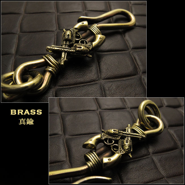 キーホルダー ウォレットチェーンホルダー 真鍮 キーフック ピストル インディアンジュエリー Native American Brass key  chain Gun Key Holder WILD HEARTS LeatherSilver (ID kh339k5)