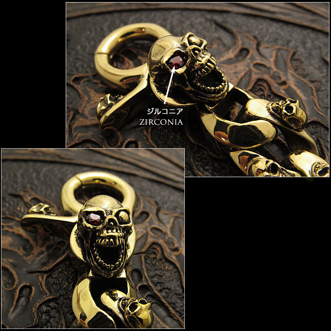 スカル ドクロ キーホルダー キーフック 真鍮 ブラス Skull Key holder Brass key chain　WILD HEARTS  Leather&Silver(ID kh348k5)