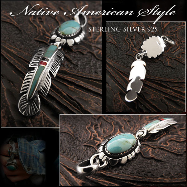 ペンダントトップ　ネックレストップ　ナバホ／ネイティブアメリカン　スタイル　シルバー925 フェザー　ターコイズ/レッドコーラル/オニキス　インレイ  Silver925 Sterling silver Turquoise Pendant Native American Style WILD 