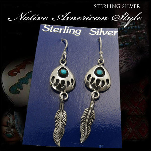 ピアス ベアパウ＆フェザーピアス インディアンジュエリー シルバー925/ターコイズ Turquoise Sterling Pierced  Earrings/Bear Paw/Native American WILD HEARTS Leather&Silver(ID se4104)