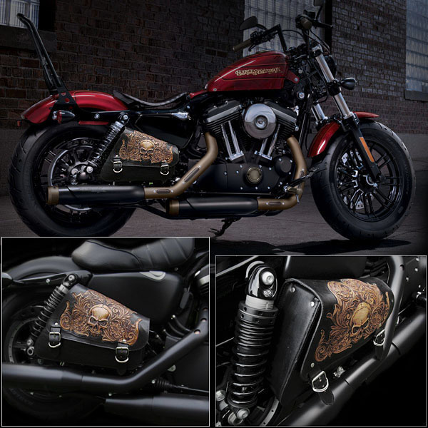 skull,carved,leather,swing,arm,saddlebag,left-side.harley,sportster,XL,Iron,883n,forty-eight