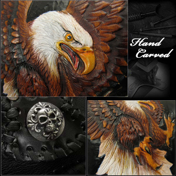 eagle,hand,carved,leather,motorcycle,saddlebags,harley,davidson,sportster