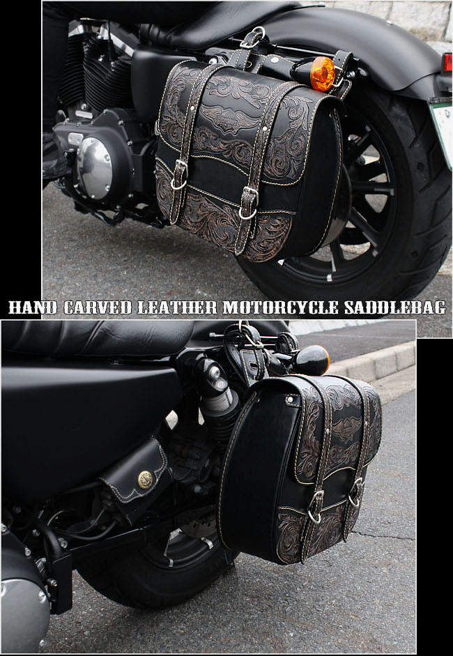 バイク サドルバッグ バイカー 本革 カービング ハーレー アメリカン ツーリングバッグ ブラック カスタム Hand Carved Leather  Single/Solo Saddlebag Motorcycle Harley-Davidson Black WILD HEARTS