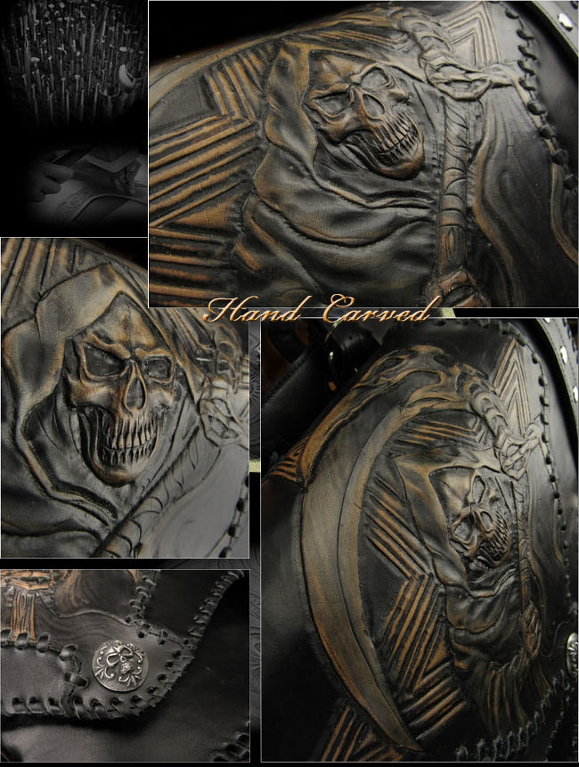 skull,hand,carved,leather,motorcycle,saddlebags,harley,davidson,sportster