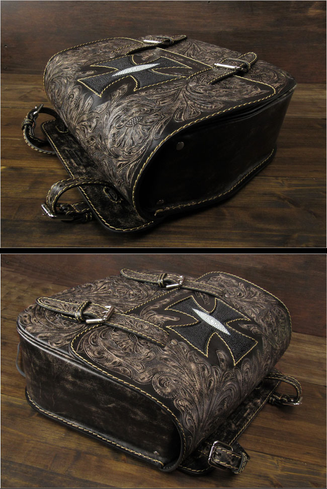 バイク サドルバッグ 本革 カービング ハーレー ブラック スティング