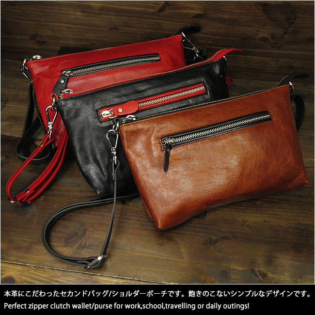 サコッシュ 本革 ハンドバッグ ポーチ ショルダーポーチ セカンドバッグ 2way レッド ブラウン ブラック Men's Leather  Zipper Clutch Hand Bag Purse Red Brown Black WILD HEARTS Leather&Silver(ID 