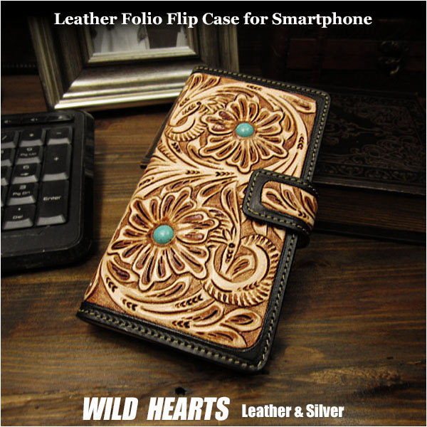 多機種対応　手帳型スマホケース　スライド式　カービング　手作り/ハンドメイド　３サイズ Hand Carved Leather Folio Flip  Case for iPhone/Smartphone 3-size WILD HEARTS Leather&Silver (ID sc3827)