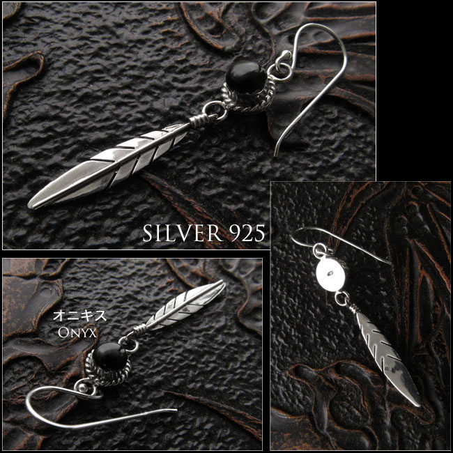 クリックポストのみ送料無料！ピアス オニキス フェザー シルバー925 イヤリング インディアンジュエリー Native American Style  Sterling Silver Pierced Earrings Onyx WILD HEARTS Leather & Silver(ID ...