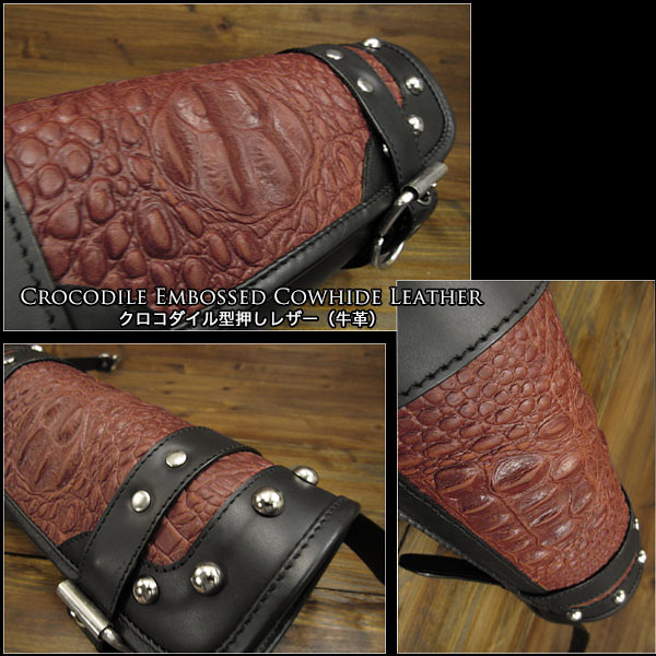 送料無料！レザー　本革　ツールバッグ　クロコダイル/型押し　バイク／ハーレー Leather Motorcycle Tool Bag Mini  Saddle Crocodile/Embossed Leather WILD HEARTS Leather&Silver(ID sb3878)