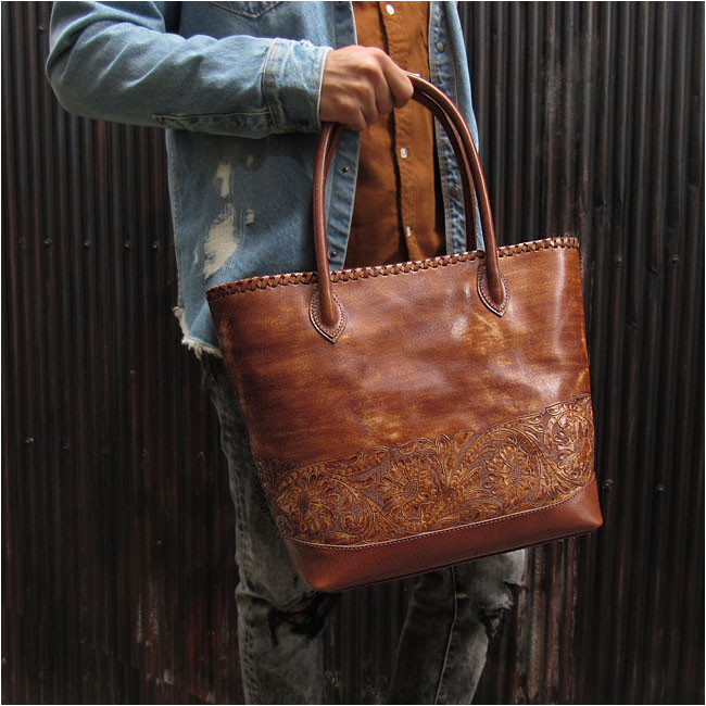 トートバッグ ウエスタン カービング 本革 レザー 牛革 バッグ ショルダーバッグ 革 茶 ブラウン Hand Carved Leather Tote  Bag WILD HEARTS Leather&Silver(ID tb4480)