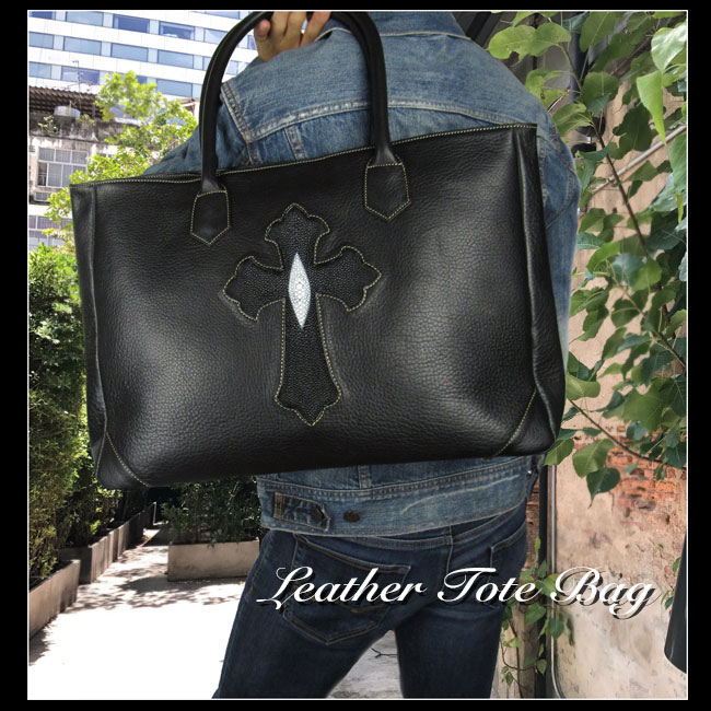 メンズ ビジネス レザートートバッグ ショルダーバッグ スティングレイ クロス ブラック Genuine Leather Cowhide Mens  Tote Bag Business Bag Stingray Cross WILD HEARTS leather&silver (ID tb3530)