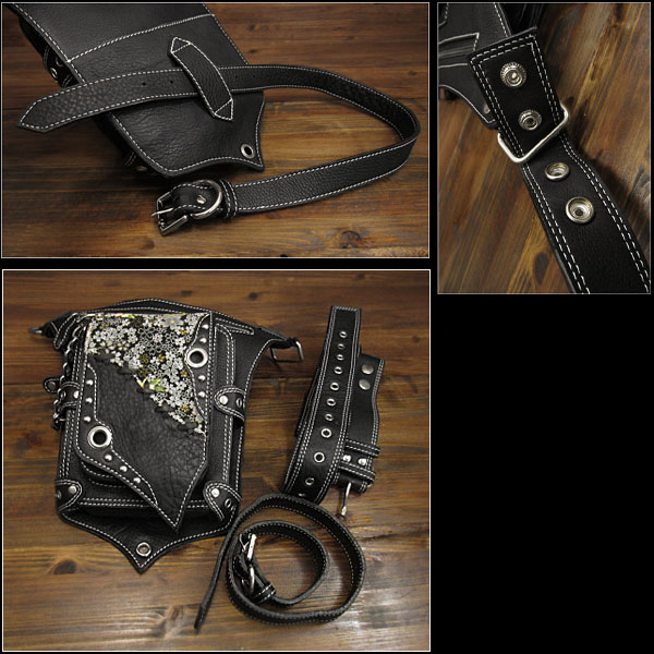 レザー和柄／友禅柄 ウエストバッグ レッグポーチ ヒップバッグ 本革 Leather Waist Bag Cowhide Leather Fanny  Pack Japanese YUZEN WILD HEARTS LeatherSilver(ID wb3832t11)