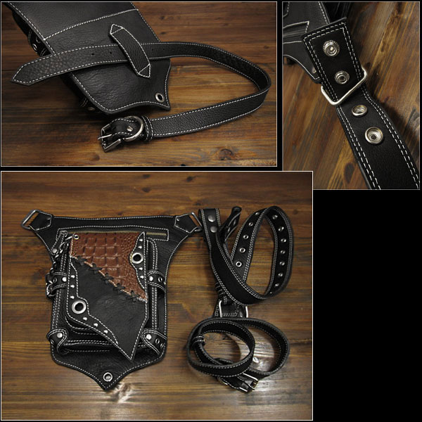 レザー ウエストバッグ レッグポーチ レッグバッグ ヒップバッグ ボディバッグ 本革 バイカー クロコ Leather Waist Bag Fanny  Pack Black WILD HEARTS Leather&Silver(ID wb3652t26)