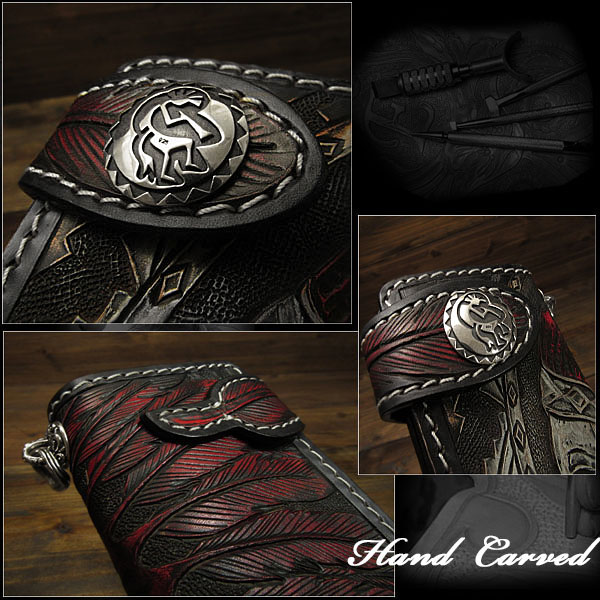 インディアン　カービング　ロングウォレット　ライダーズ　革財布 Indian/Native American Carved Leather Biker  Wallet Genuine Cowhide Handcrafted Custom Handmade WILD HEARTS