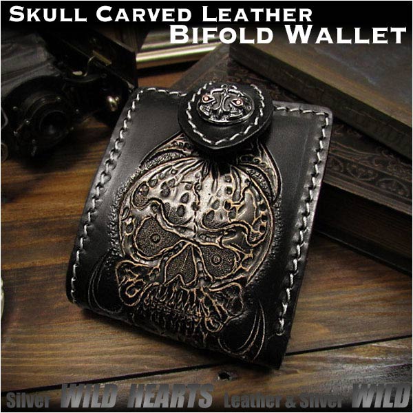 skull,carved,genuine,leather,bifold,biker,wallet