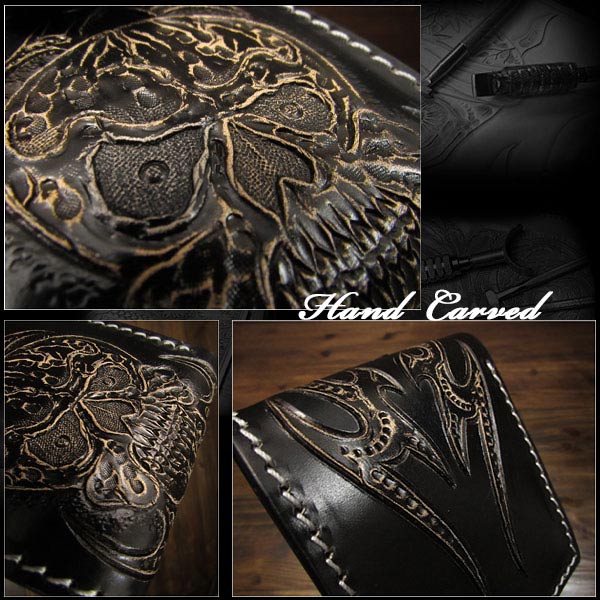 skull,carved,genuine,leather,bifold,biker,wallet