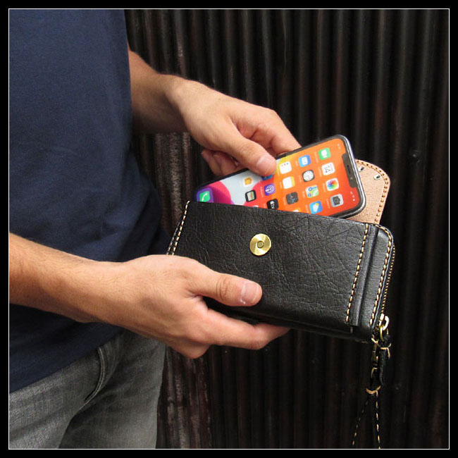 本革 スマホケース一体型 長財布 ラウンドファスナー ユニセックス レザークラフト Leather Zip Around Wallet Purse  Smartphone/iPhone Case WILD HEARTS LeatherSilver (ID lw172t35)