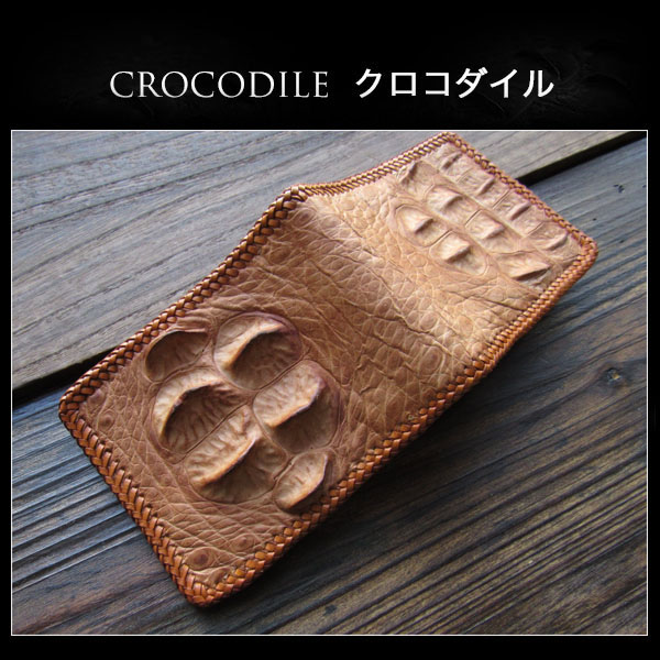 クロコダイル 二つ折り財布 ライトブラウン ワニ革 本革 ショートウォレット Genuine Crocodile Skin Leather  Bifold Biker Wallet LightBrown WILD HEARTS Leather&Silver(ID lw4138)