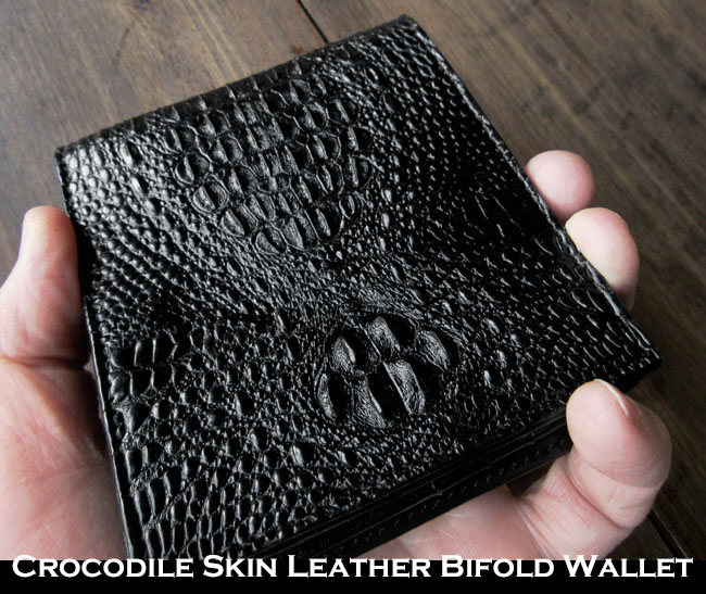 二つ折り財布 財布 ワニ革 クロコダイル 本革 ショートウォレット ブラック/黒 Genuine Crocodile Skin Leather  Bifold Biker Wallet WILD HEARTS Leather&Silver(ID sw4557r14)